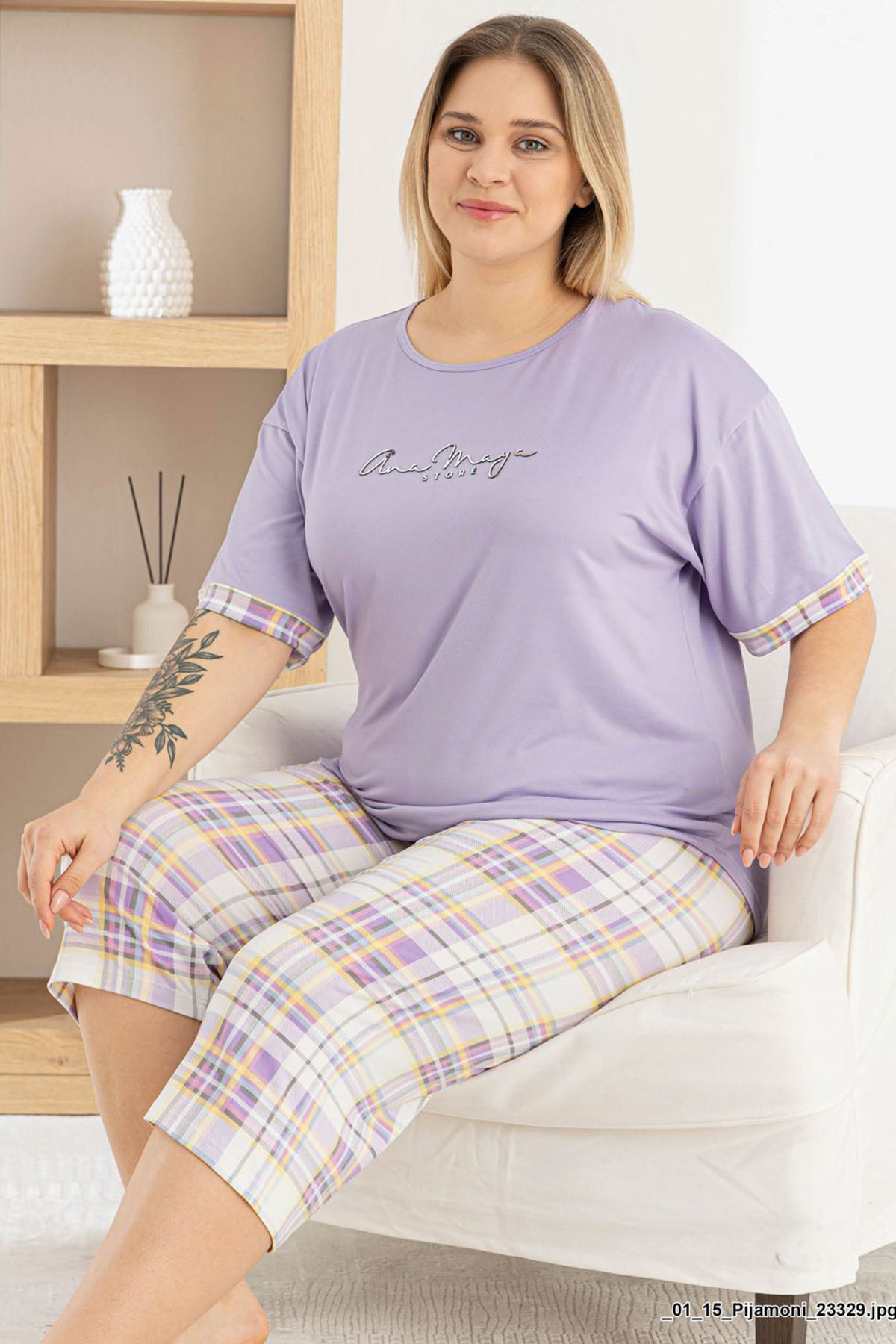 Pijamoni Kadın Büyük Beden Kapri Takımı Kısa Kollu Ekose Desenli Milan - Lila - Thumbnail