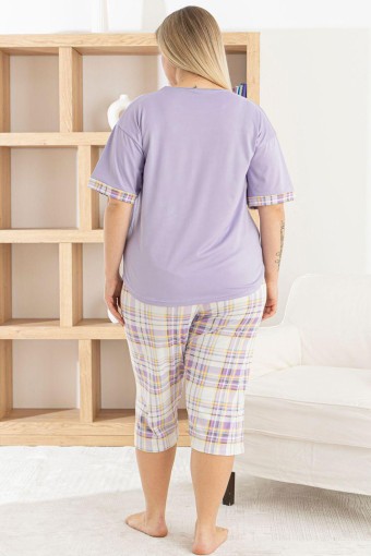 PİJAMONİ - Pijamoni Kadın Büyük Beden Kapri Takımı Kısa Kollu Ekose Desenli Milan - Lila (1)