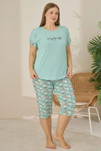 PİJAMONİ - Pijamoni Kadın Büyük Beden Kapri Takımı Kısa Kollu Yaprak Desenli - Mint Yeşili