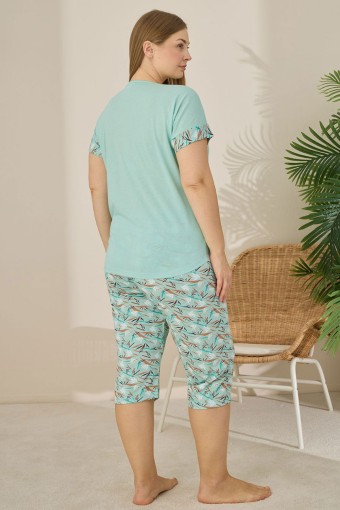 PİJAMONİ - Pijamoni Kadın Büyük Beden Kapri Takımı Kısa Kollu Yaprak Desenli - Mint Yeşili (1)