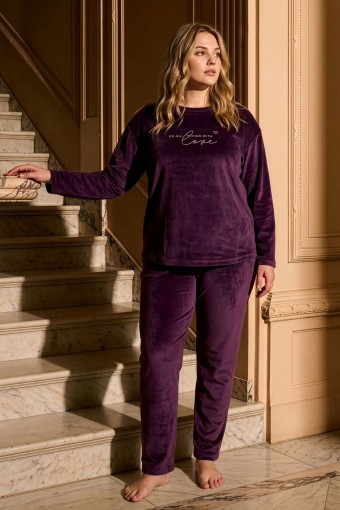 PİJAMONİ - Pijamoni Kadın Büyük Beden Pijama Takımı Fransız Kadife Yüksek Baskılı - Mürdüm