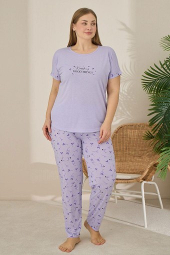 PİJAMONİ - Pijamoni Kadın Büyük Beden Pijama Takımı Kısa Kollu Kalp Desenli - Lila