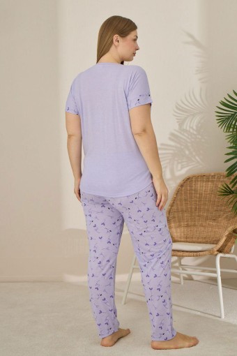 PİJAMONİ - Pijamoni Kadın Büyük Beden Pijama Takımı Kısa Kollu Kalp Desenli - Lila (1)