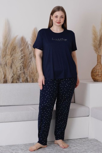 PİJAMONİ - Pijamoni Kadın Büyük Beden Pijama Takımı Kısa Kollu Milan Kumaş - Lacivert