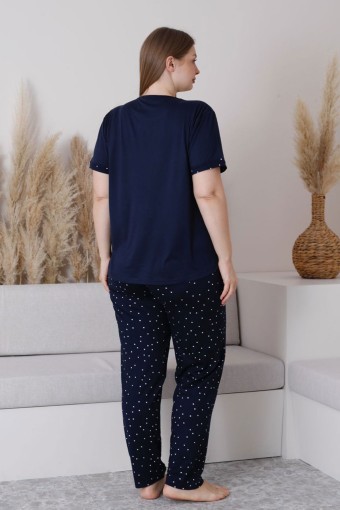 PİJAMONİ - Pijamoni Kadın Büyük Beden Pijama Takımı Kısa Kollu Milan Kumaş - Lacivert (1)