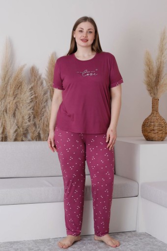 PİJAMONİ - Pijamoni Kadın Büyük Beden Pijama Takımı Kısa Kollu Milan Kumaş - Mürdüm