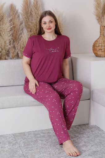 PİJAMONİ - Pijamoni Kadın Büyük Beden Pijama Takımı Kısa Kollu Milan Kumaş - Mürdüm (1)