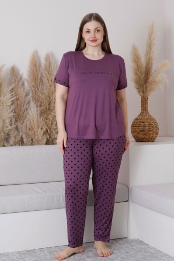 PİJAMONİ - Pijamoni Kadın Büyük Beden Pijama Takımı Kısa Kollu Milan Kumaş - Mürdüm