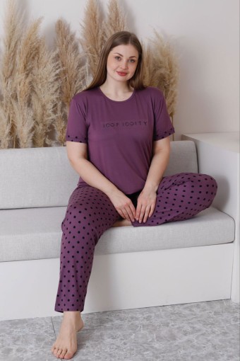 PİJAMONİ - Pijamoni Kadın Büyük Beden Pijama Takımı Kısa Kollu Milan Kumaş - Mürdüm (1)