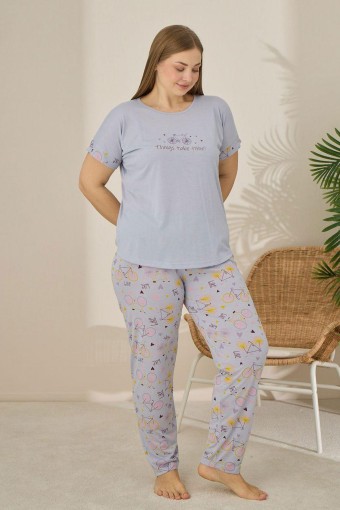 PİJAMONİ - Pijamoni Kadın Büyük Beden Pijama Takımı Kıssa Kollu Bisiklet Desenli - Gri