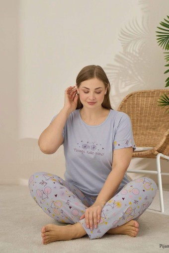PİJAMONİ - Pijamoni Kadın Büyük Beden Pijama Takımı Kıssa Kollu Bisiklet Desenli - Gri (1)