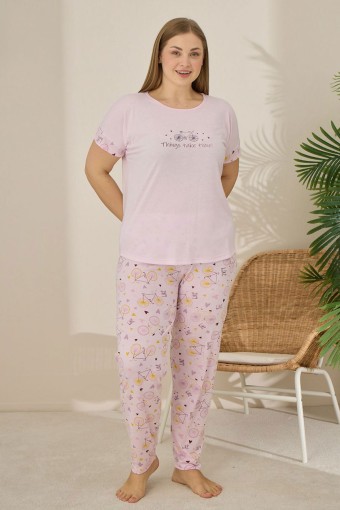 PİJAMONİ - Pijamoni Kadın Büyük Beden Pijama Takımı Kıssa Kollu Bisiklet Desenli - Toz Pembe (1)