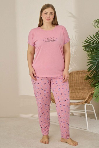 PİJAMONİ - Pijamoni Kadın Büyük Beden Pijama Takımı Kıssa Kollu Çiçek Desenli - Gülkurusu