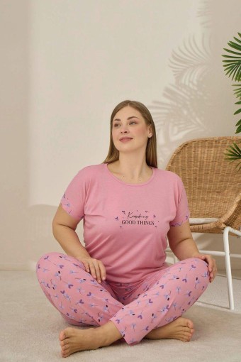 PİJAMONİ - Pijamoni Kadın Büyük Beden Pijama Takımı Kıssa Kollu Çiçek Desenli - Gülkurusu (1)