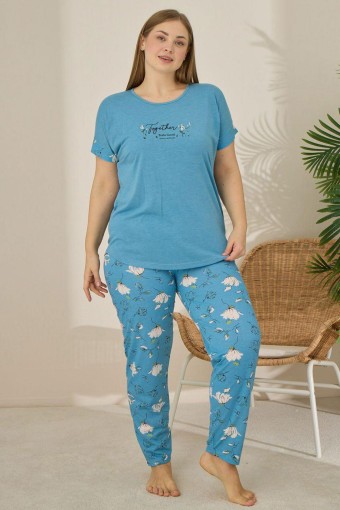 PİJAMONİ - Pijamoni Kadın Büyük Beden Pijama Takımı Kıssa Kollu Çiçek Desenli - Petrol Mavisi
