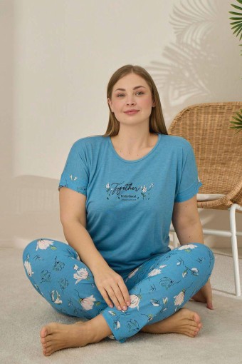 PİJAMONİ - Pijamoni Kadın Büyük Beden Pijama Takımı Kıssa Kollu Çiçek Desenli - Petrol Mavisi (1)