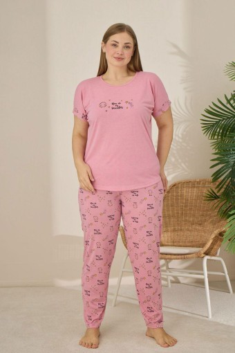PİJAMONİ - Pijamoni Kadın Büyük Beden Pijama Takımı Kıssa Kollu Desenli - Gülkurusu