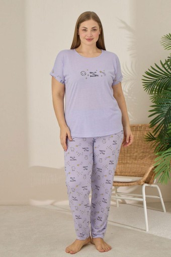 PİJAMONİ - Pijamoni Kadın Büyük Beden Pijama Takımı Kıssa Kollu Desenli - Lila