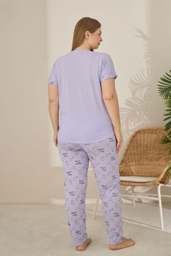 PİJAMONİ - Pijamoni Kadın Büyük Beden Pijama Takımı Kıssa Kollu Desenli - Lila (1)