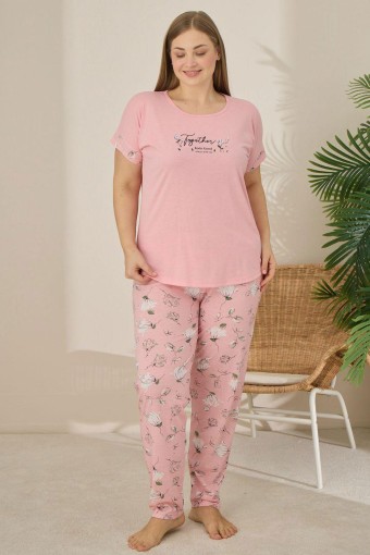 PİJAMONİ - Pijamoni Kadın Büyük Beden Pijama Takımı Kıssa Kollu Desenli - Pembe