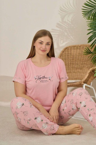 PİJAMONİ - Pijamoni Kadın Büyük Beden Pijama Takımı Kıssa Kollu Desenli - Pembe (1)