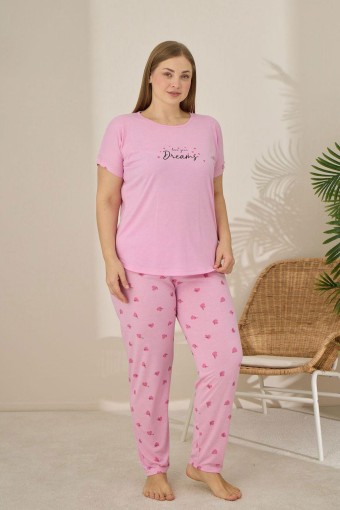 PİJAMONİ - Pijamoni Kadın Büyük Beden Pijama Takımı Kıssa Kollu Kalp Desenli - Pembe