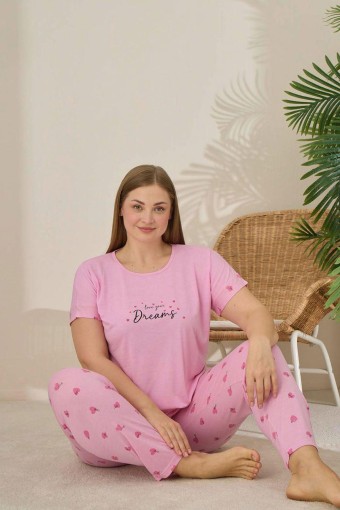 PİJAMONİ - Pijamoni Kadın Büyük Beden Pijama Takımı Kıssa Kollu Kalp Desenli - Pembe (1)