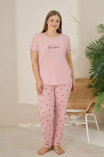 PİJAMONİ - Pijamoni Kadın Büyük Beden Pijama Takımı Kıssa Kollu Kalp Desenli - Pudra