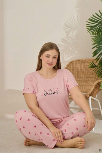 PİJAMONİ - Pijamoni Kadın Büyük Beden Pijama Takımı Kıssa Kollu Kalp Desenli - Pudra (1)