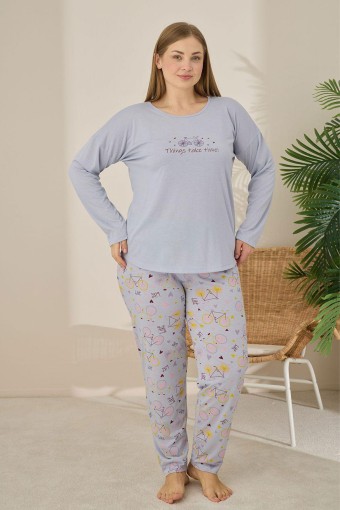 PİJAMONİ - Pijamoni Kadın Büyük Beden Pijama Takımı Uzun Kollu Desenli Alt - Gri