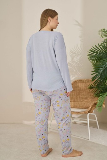 PİJAMONİ - Pijamoni Kadın Büyük Beden Pijama Takımı Uzun Kollu Desenli Alt - Gri (1)