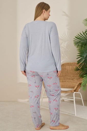 PİJAMONİ - Pijamoni Kadın Büyük Beden Pijama Takımı Uzun Kollu Desenli Alt - Gri (1)