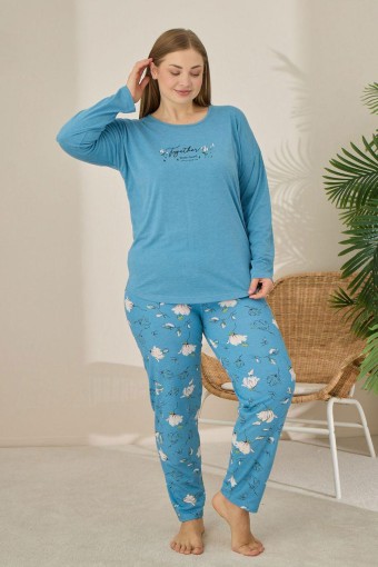 PİJAMONİ - Pijamoni Kadın Büyük Beden Pijama Takımı Uzun Kollu Desenli Alt - İndigo
