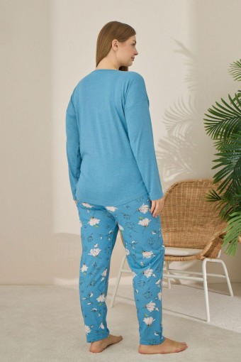PİJAMONİ - Pijamoni Kadın Büyük Beden Pijama Takımı Uzun Kollu Desenli Alt - İndigo (1)