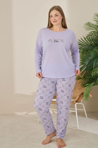 PİJAMONİ - Pijamoni Kadın Büyük Beden Pijama Takımı Uzun Kollu Desenli Alt - Lila