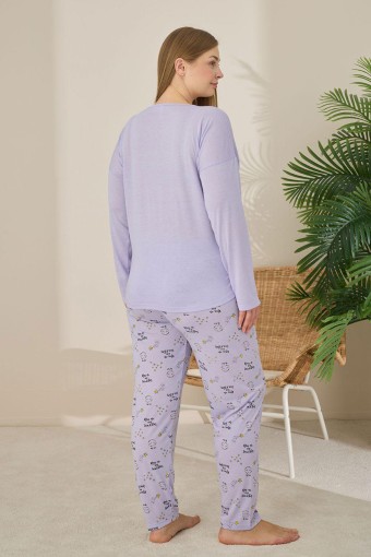 PİJAMONİ - Pijamoni Kadın Büyük Beden Pijama Takımı Uzun Kollu Desenli Alt - Lila (1)