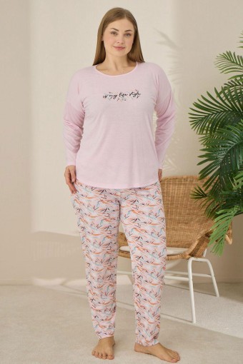 PİJAMONİ - Pijamoni Kadın Büyük Beden Pijama Takımı Uzun Kollu Desenli Alt - Pembe