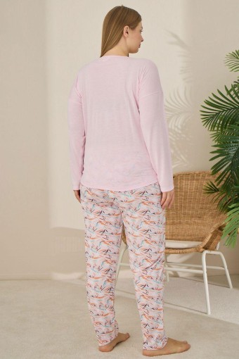 PİJAMONİ - Pijamoni Kadın Büyük Beden Pijama Takımı Uzun Kollu Desenli Alt - Pembe (1)