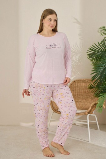 PİJAMONİ - Pijamoni Kadın Büyük Beden Pijama Takımı Uzun Kollu Desenli Alt - Pembe