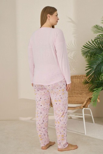 PİJAMONİ - Pijamoni Kadın Büyük Beden Pijama Takımı Uzun Kollu Desenli Alt - Pembe (1)