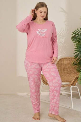 PİJAMONİ - Pijamoni Kadın Büyük Beden Pijama Takımı Uzun Kollu Desenli Alt - Pembe