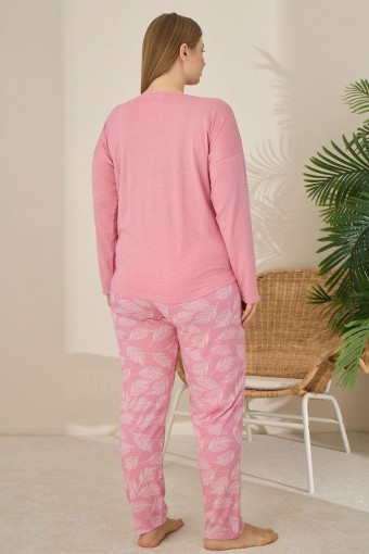 PİJAMONİ - Pijamoni Kadın Büyük Beden Pijama Takımı Uzun Kollu Desenli Alt - Pembe (1)