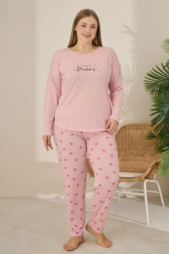 PİJAMONİ - Pijamoni Kadın Büyük Beden Pijama Takımı Uzun Kollu Desenli Alt - Pudra