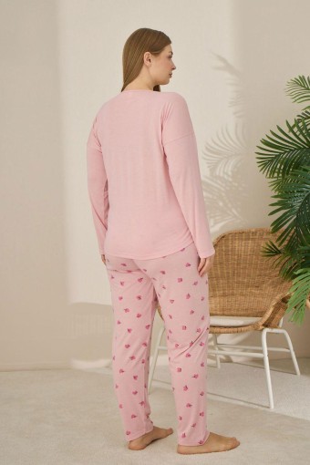 PİJAMONİ - Pijamoni Kadın Büyük Beden Pijama Takımı Uzun Kollu Desenli Alt - Pudra (1)