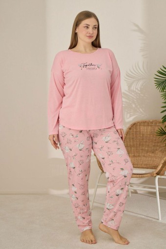 PİJAMONİ - Pijamoni Kadın Büyük Beden Pijama Takımı Uzun Kollu Desenli Alt - Somon