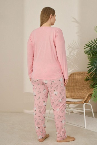 PİJAMONİ - Pijamoni Kadın Büyük Beden Pijama Takımı Uzun Kollu Desenli Alt - Somon (1)