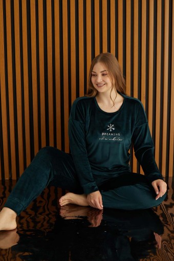 PİJAMONİ - Pijamoni Kadın Büyük Beden Pijama Takımı Uzun Kollu Kadife Paça Manşetli Kartanesi Desenli - Petrol Yeşili