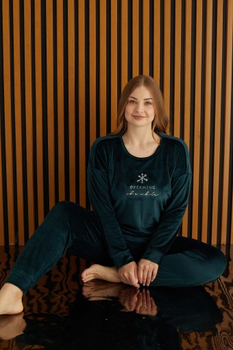 PİJAMONİ - Pijamoni Kadın Büyük Beden Pijama Takımı Uzun Kollu Kadife Paça Manşetli Kartanesi Desenli - Petrol Yeşili (1)