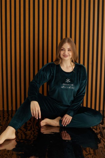 PİJAMONİ - Pijamoni Kadın Büyük Beden Pijama Takımı Uzun Kollu Kadife Paça Manşetli Kartanesi Desenli - Petrol Yeşili