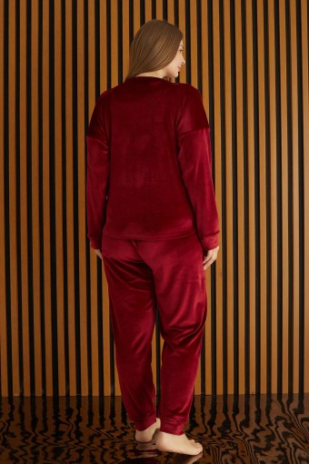 PİJAMONİ - Pijamoni Kadın Büyük Beden Pijama Takımı Uzun Kollu Kadife Paça Manşetli Önü Yazılı - Bordo (1)